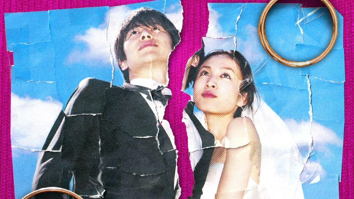 A collage which shows a ripped photo of a newlywed couple, and two wedding bands on either side of the photo